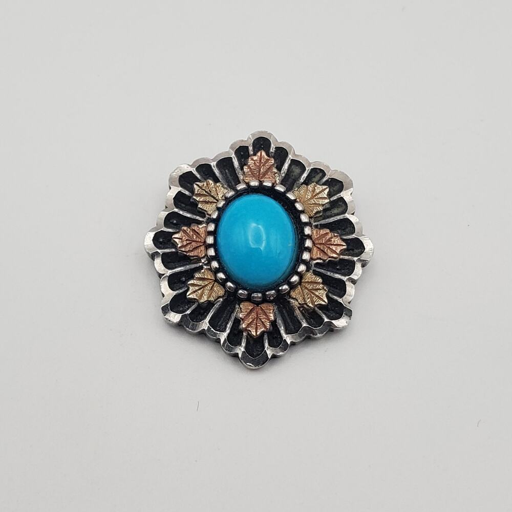 Sterling Silver 12K Black Hills Gold Leaf Blue Glass Cabochon Pendant